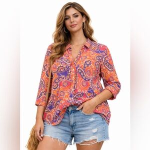Ruby Rd. Paisley Button Down Shirt - Orange, Pink, Purple